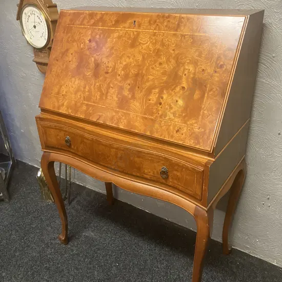 Ex Chandler House Burr Walnut Secretary Desk With Keys, Cabriole Legs. H111 W76.5 D42cm