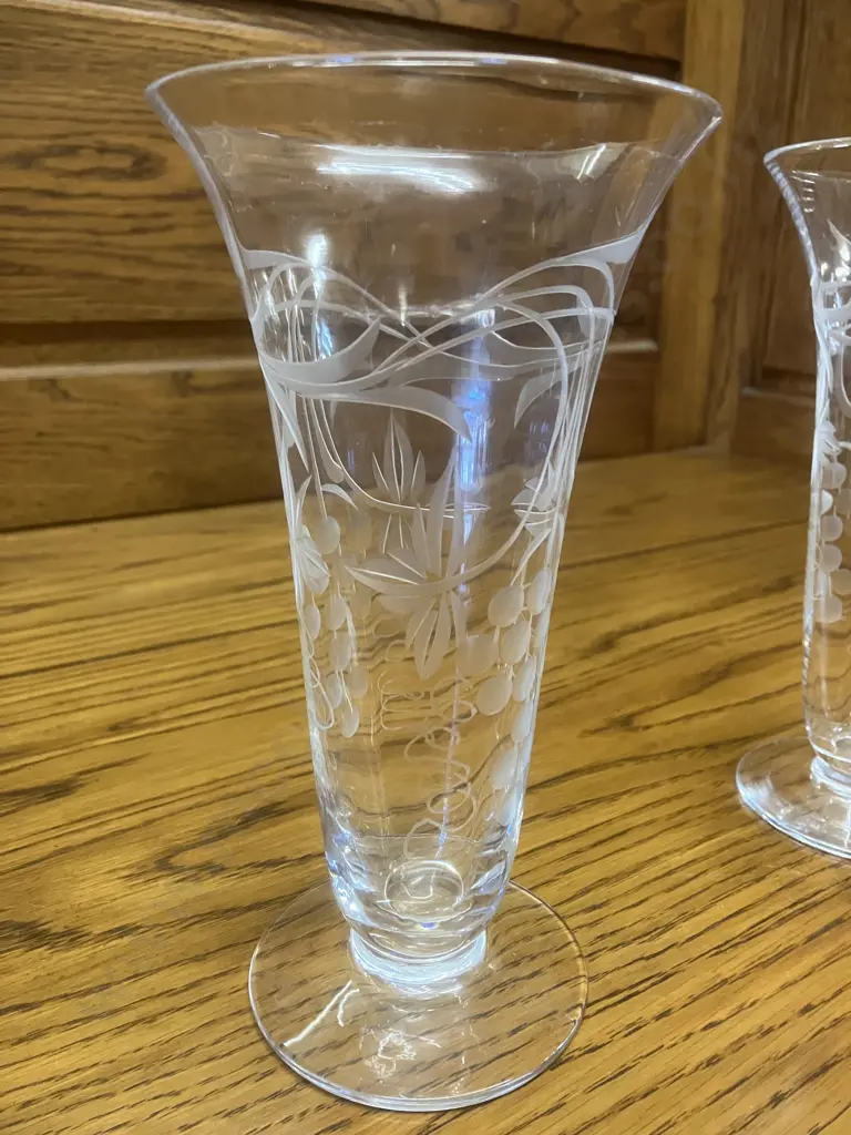 Pair of Tudor Crystal England Grapes Etched Trumpet Vases. 20cm With a 15cm Cut Crystal Bud Vase Image 1++