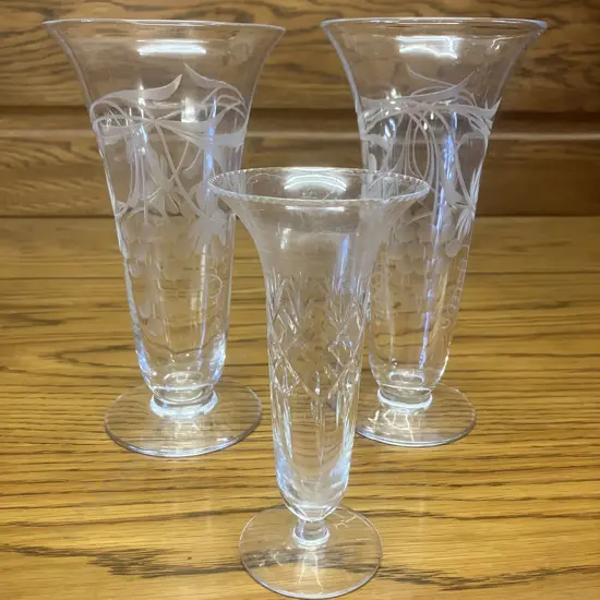 Pair of Tudor Crystal England Grapes Etched Trumpet Vases. 20cm With a 15cm Cut Crystal Bud Vase