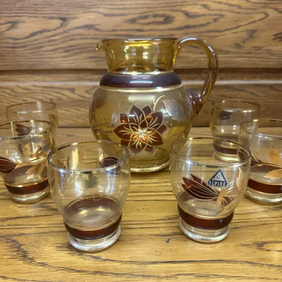 Vintage Retro Amber Alphine Decanter & Six Tumbler Set