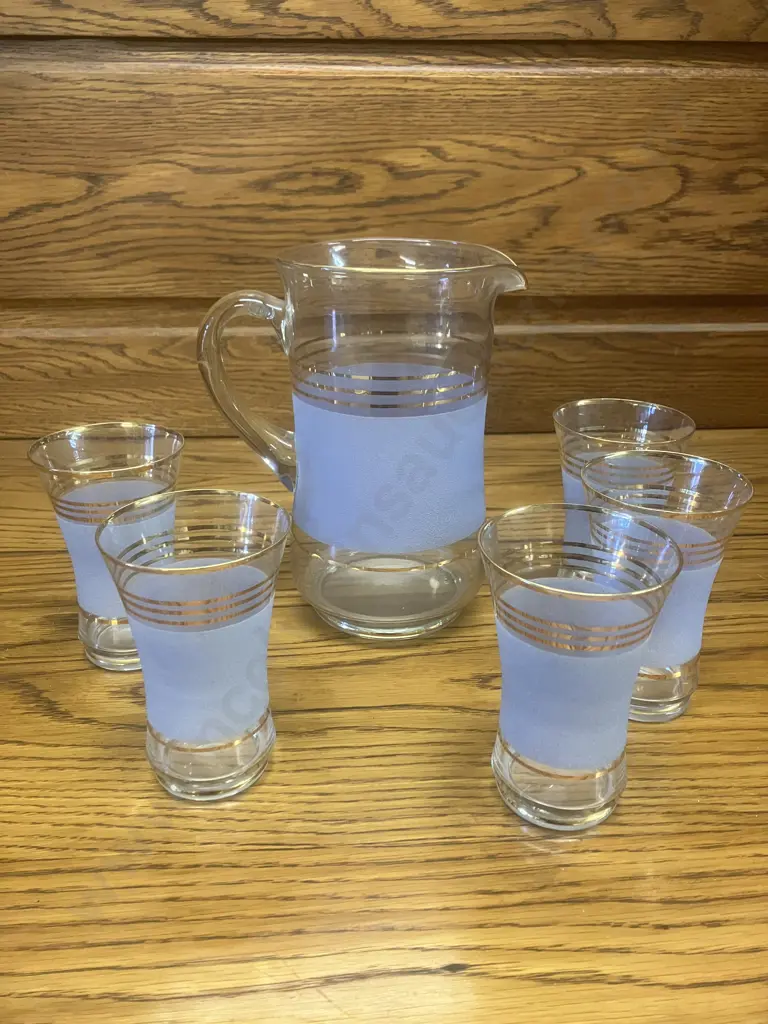 Vintage Blue Frosted Glass Jug & Glasses Set with Gilt Detailing Made in Germany Image 1++