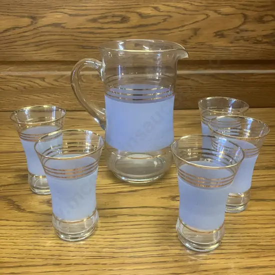 Vintage Blue Frosted Glass Jug & Glasses Set with Gilt Detailing Made in Germany
