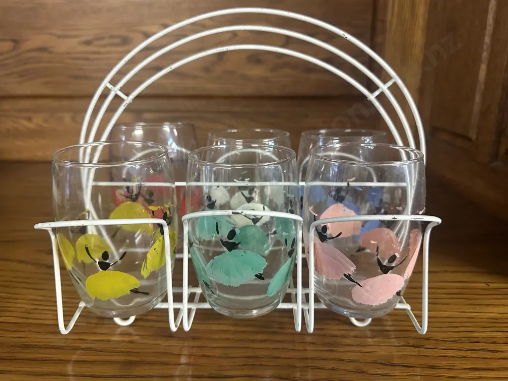 Retro Set Of Six Glasses With Ballerina Detail In White Metal Caddy Image 1++