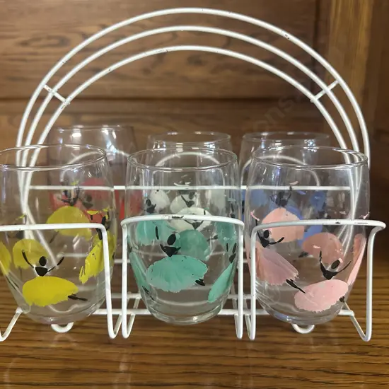 Retro Set Of Six Glasses With Ballerina Detail In White Metal Caddy