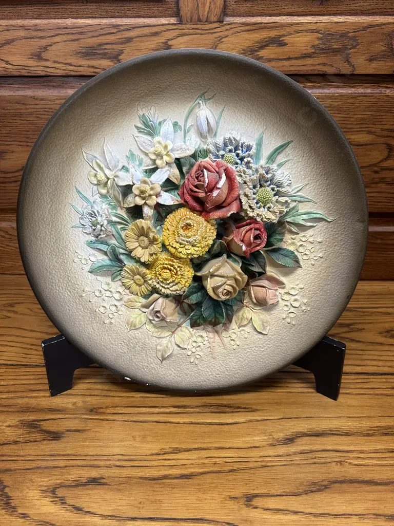 Collectable W.H Bossons Hand Painted Wall Plaque 'Summer Flowers" Dia 37cm. Image 1++