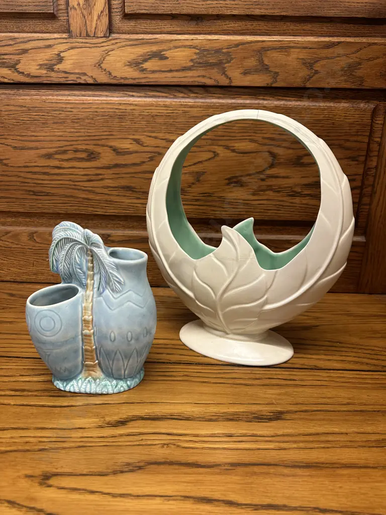 Vintage Beswick Blue Palm Tree Vase With Cream Beswick Inspired Leaf Basket (repaired) Image 1++