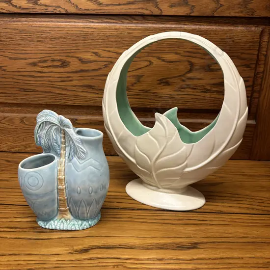 Vintage Beswick Blue Palm Tree Vase With Cream Beswick Inspired Leaf Basket (repaired)