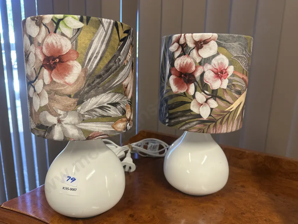 Pair Of Living & Co Table Lamp Bases & Floral Detail Shades H30cm. Image 1++