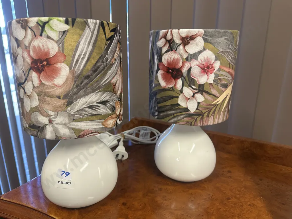 Pair Of Living & Co Table Lamp Bases & Floral Detail Shades H30cm. Image 1++