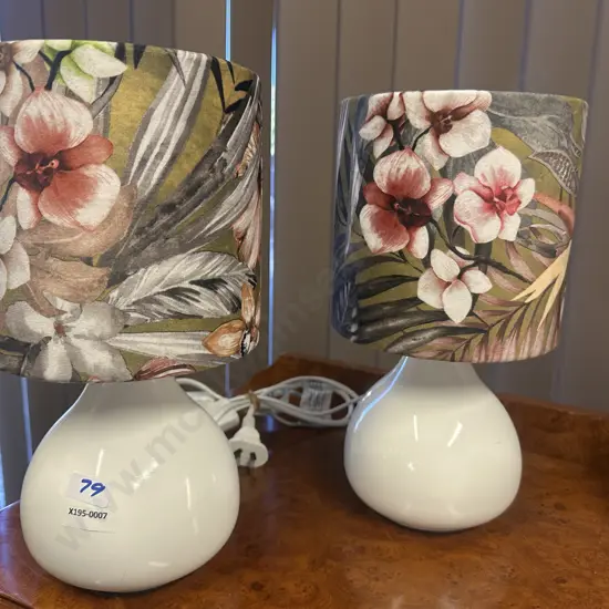 Pair Of Living & Co Table Lamp Bases & Floral Detail Shades H30cm.