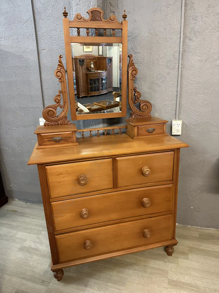 Antique Kauri Duchess Dresser Six Drawer, Beveled Edge Mirror, With Carved Supports H184,W102,D44cm. Image 1++