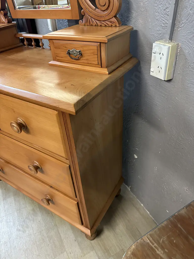 Antique Kauri Duchess Dresser Six Drawer, Beveled Edge Mirror, With Carved Supports H184,W102,D44cm. Image 1++