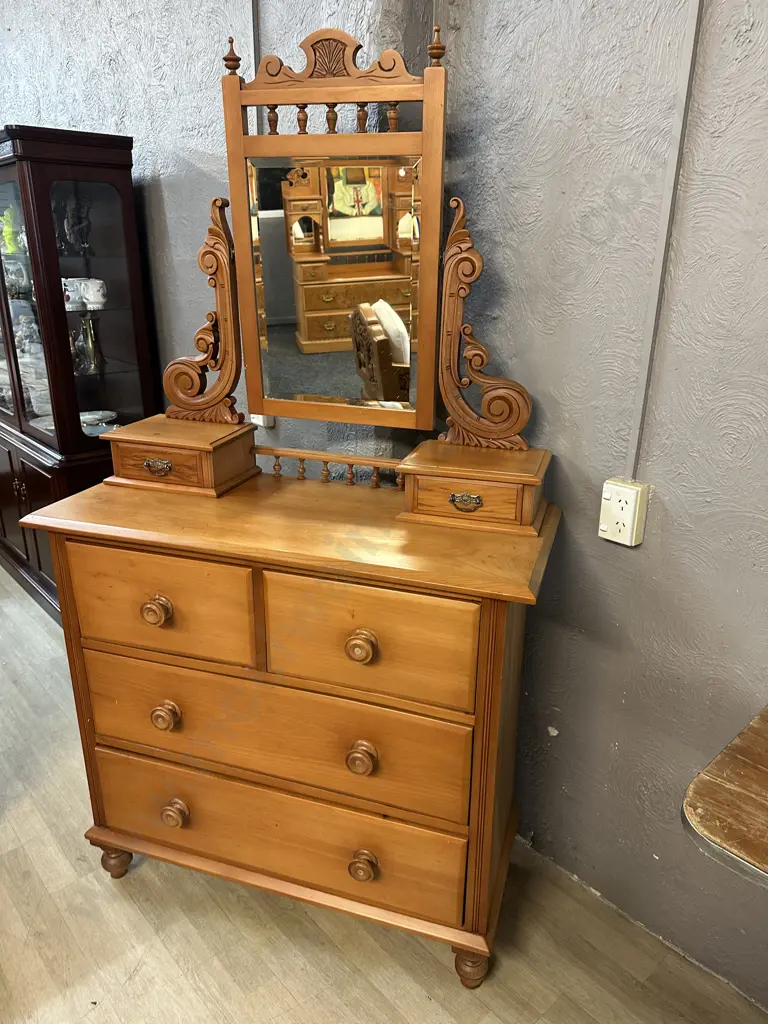 Antique Kauri Duchess Dresser Six Drawer, Beveled Edge Mirror, With Carved Supports H184,W102,D44cm. Image 1++