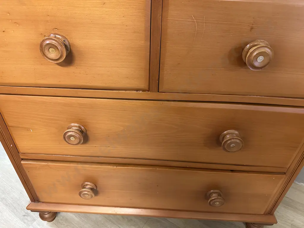 Antique Kauri Duchess Dresser Six Drawer, Beveled Edge Mirror, With Carved Supports H184,W102,D44cm. Image 1++