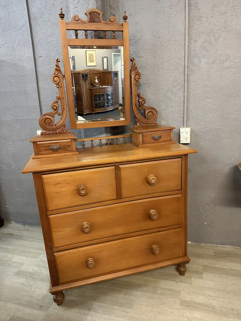 Antique Kauri Duchess Dresser Six Drawer, Beveled Edge Mirror, With Carved Supports H184,W102,D44cm. Image 1++