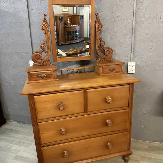 Antique Kauri Duchess Dresser Six Drawer, Beveled Edge Mirror, With Carved Supports H184,W102,D44cm.