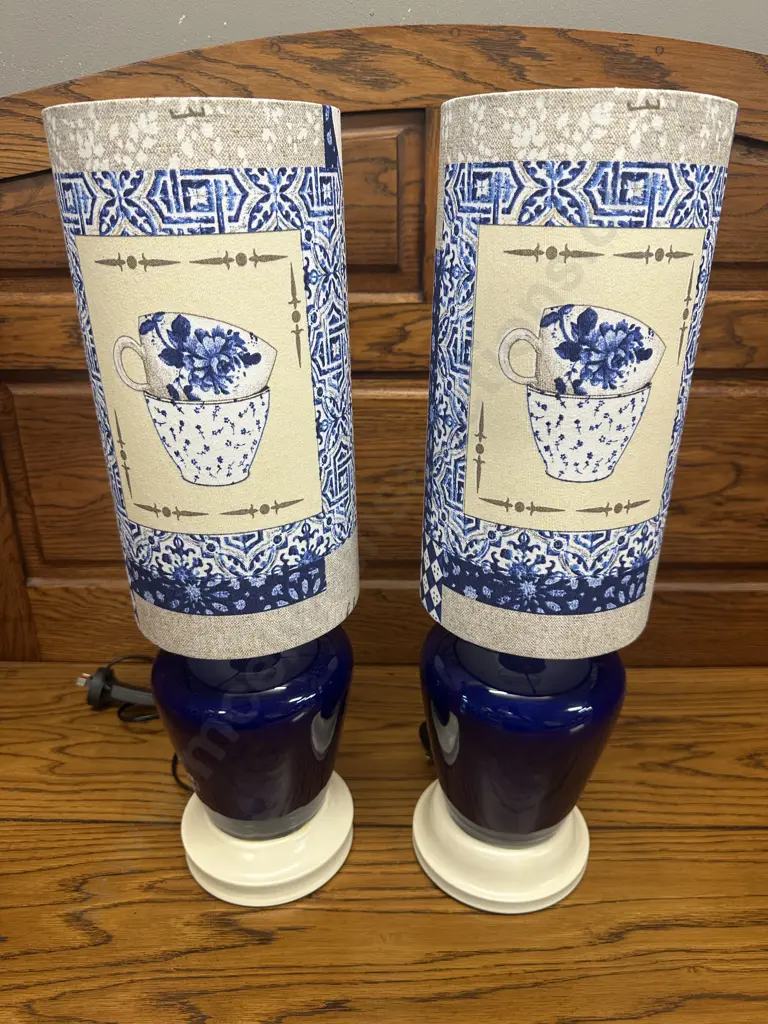 Pair Of Table Lamps Blue & White Themed H53cm. Image 1++