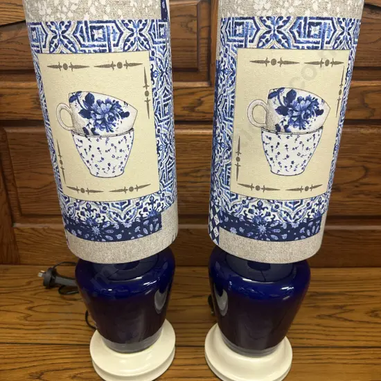 Pair Of Table Lamps Blue & White Themed H53cm.