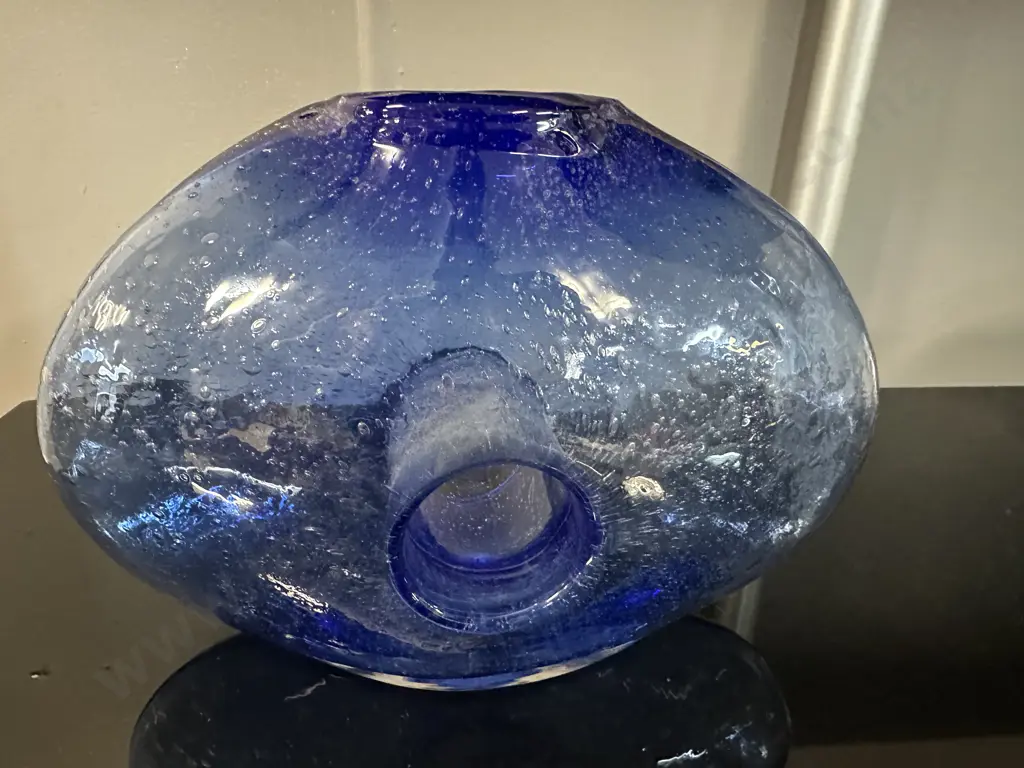 Vintage Handblown Blue Art Glass Vase H16,W24cm. Image 1++