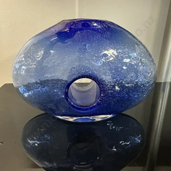 Vintage Handblown Blue Art Glass Vase H16,W24cm.