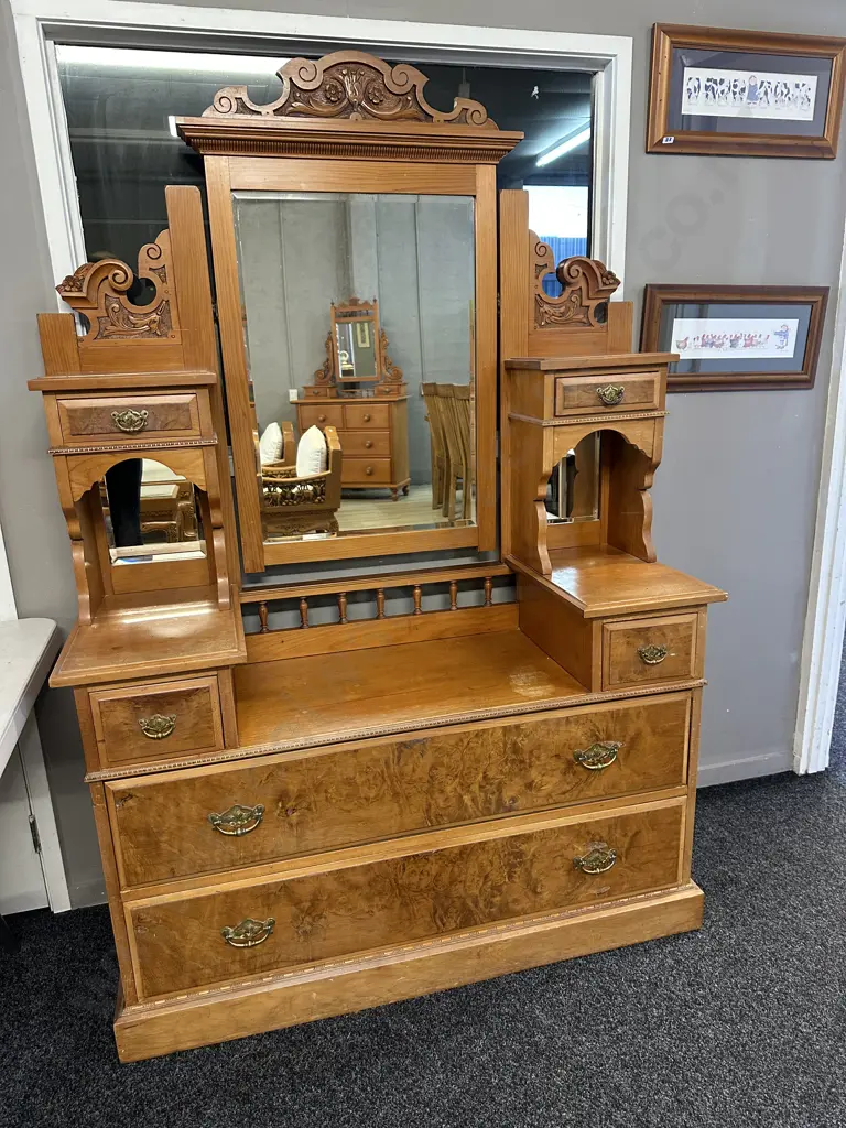 Antique Kauri & Burr Walnut Duchess Dresser Six Drawer, Carved Detail H180,W124,D45cm. Image 1++