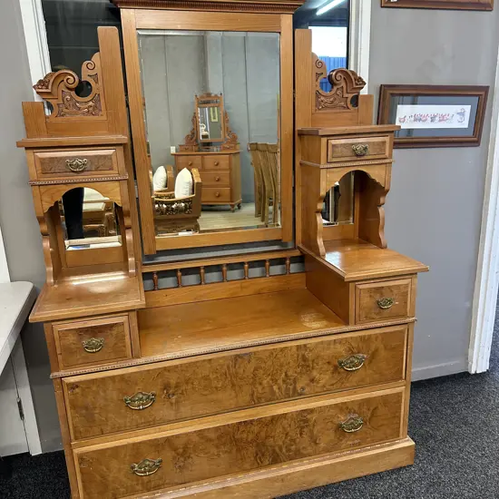 Antique Kauri & Burr Walnut Duchess Dresser Six Drawer, Carved Detail H180,W124,D45cm.