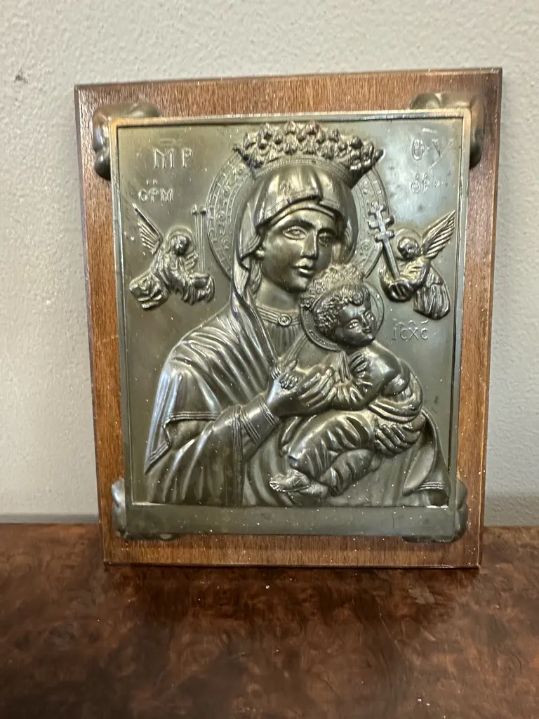 Antique Copper Russian Orthodox Icon Plaque Mother & Child H19cm. Image 1++