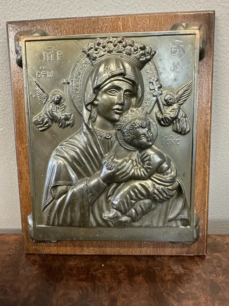 Antique Copper Russian Orthodox Icon Plaque Mother & Child H19cm. Image 1++