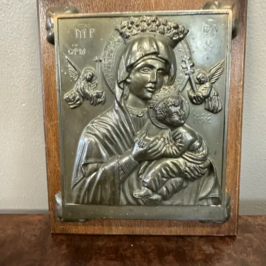 Antique Copper Russian Orthodox Icon Plaque Mother & Child H19cm.