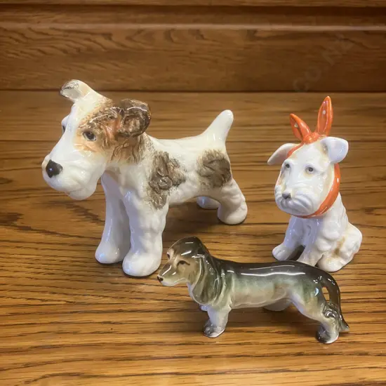 Beswick Scottish Terrier With Toothache No 761(Repaired), Sylvac Terrier Figurine & MCM Dachsund Japan