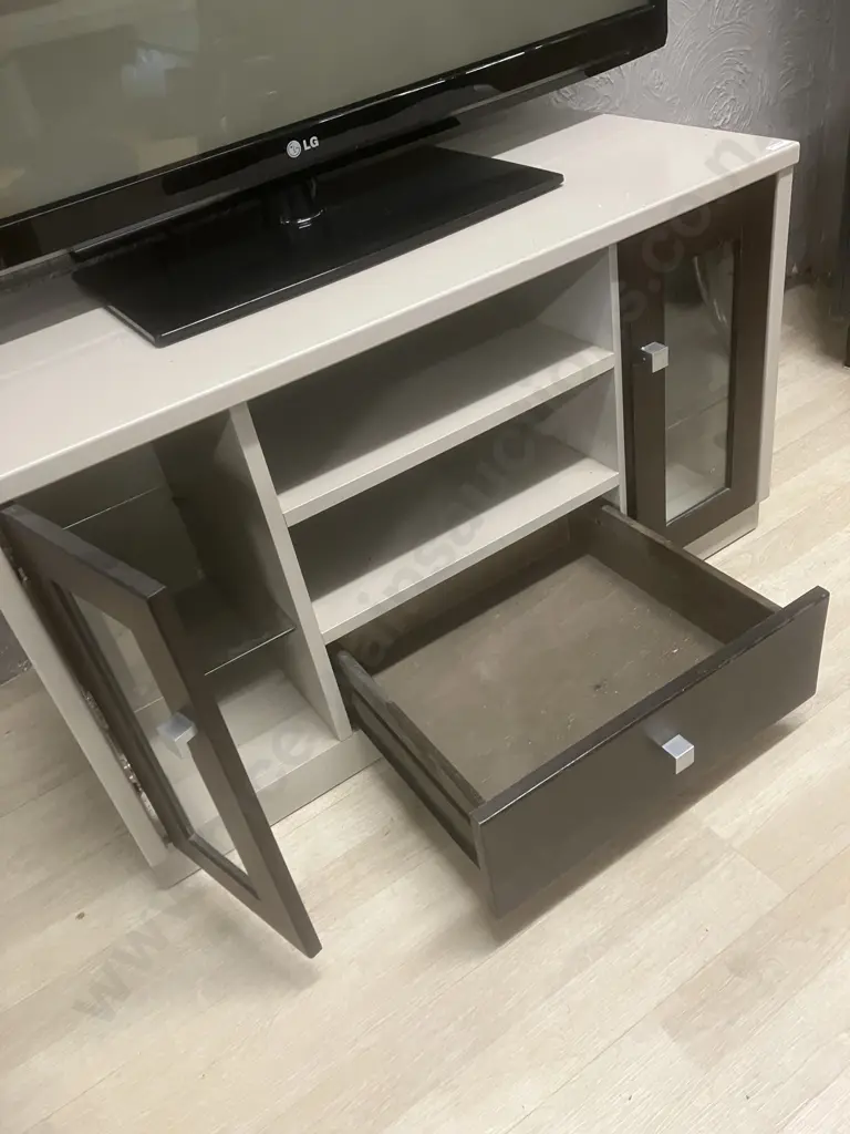 Brown & Grey Coloured TV Stand, 2 Glazed Doors, Single Drawer, Shelves. H57.5 W100 D47cm Image 1++