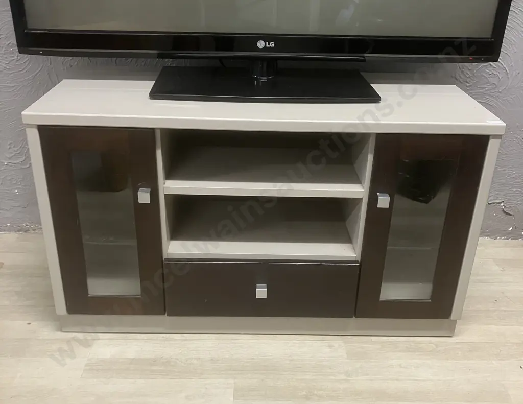 Brown & Grey Coloured TV Stand, 2 Glazed Doors, Single Drawer, Shelves. H57.5 W100 D47cm Image 1++