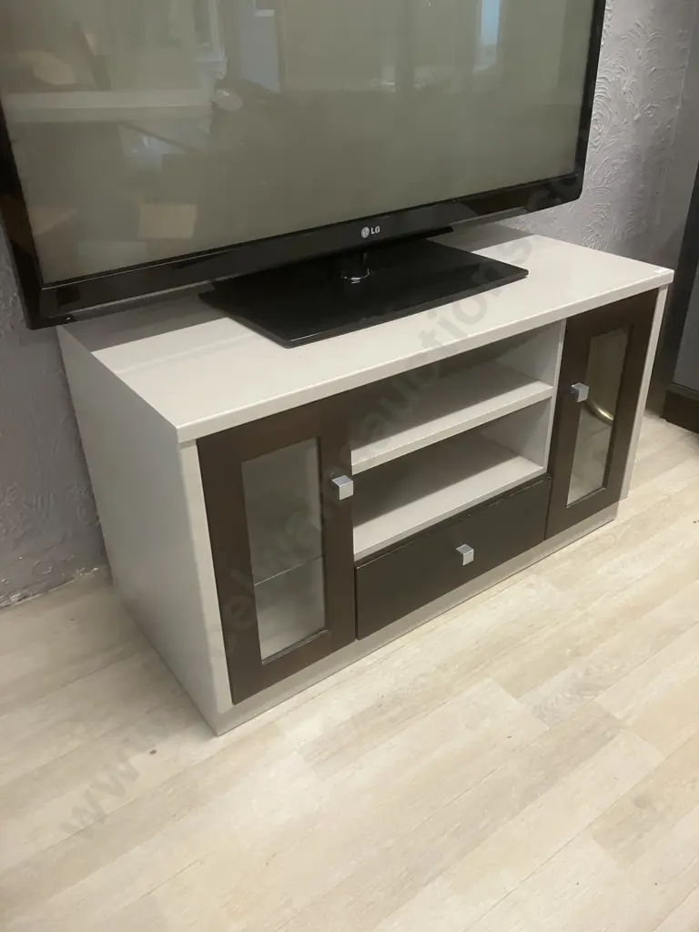 Brown & Grey Coloured TV Stand, 2 Glazed Doors, Single Drawer, Shelves. H57.5 W100 D47cm Image 1++