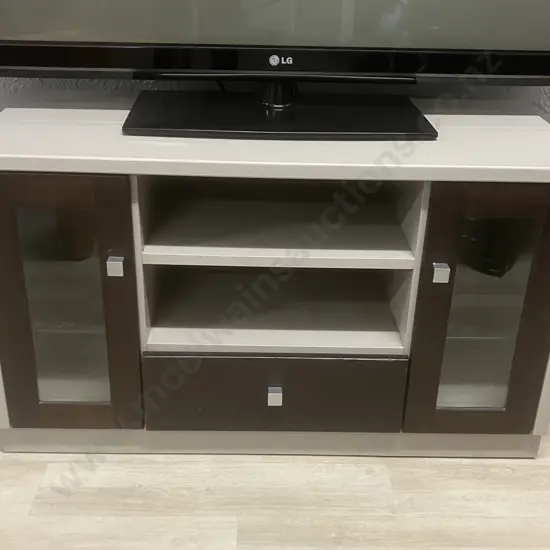 Coffee & Brown Coloured TV Stand, 2 Glazed Doors, Single Drawer, Shelves. H57.5 W100 D47cm