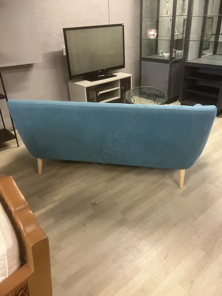 Fabric Button Back 3 Seater Sofa in Lake Blue With Natural Wooden Legs. H81 W187 D81cm Image 1++