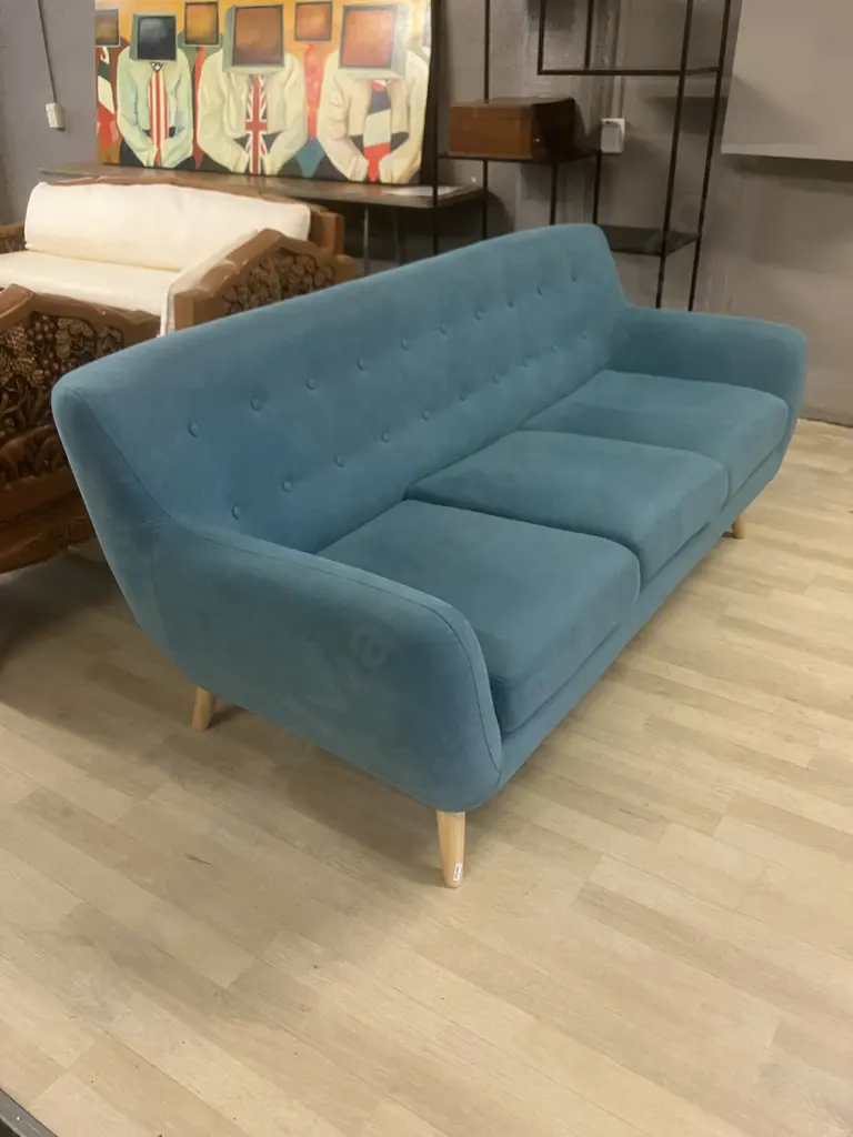 Fabric Button Back 3 Seater Sofa in Lake Blue With Natural Wooden Legs. H81 W187 D81cm Image 1++
