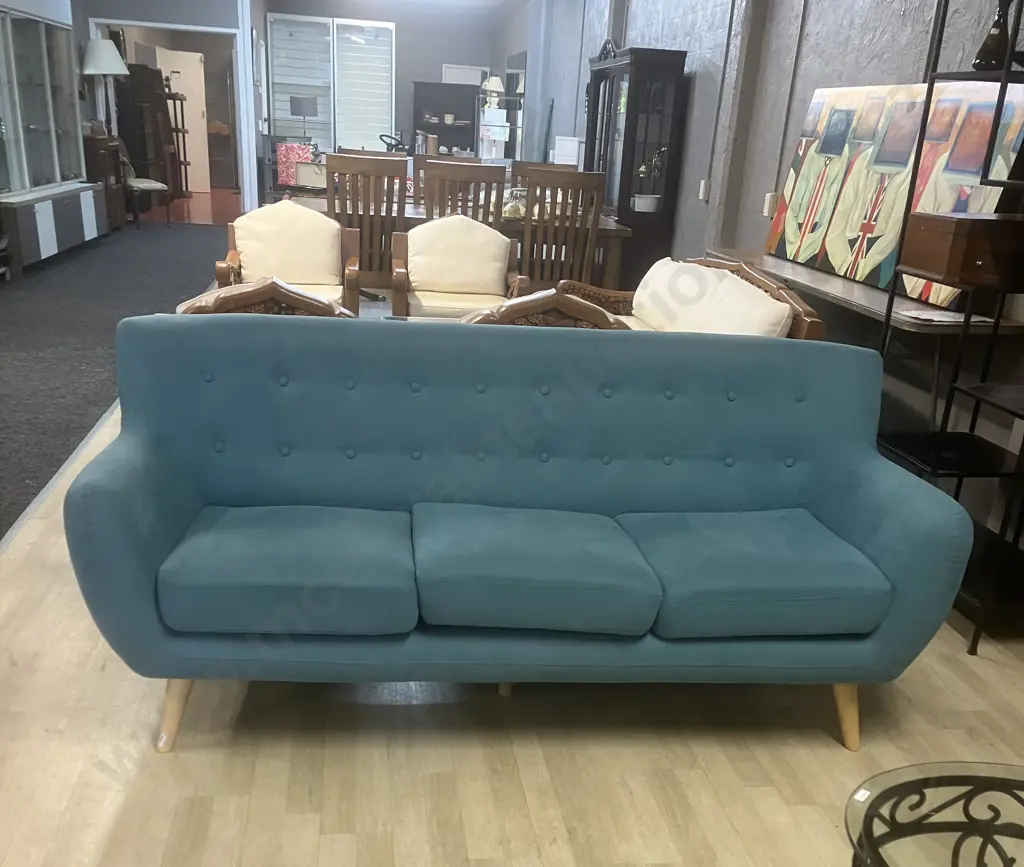 Fabric Button Back 3 Seater Sofa in Lake Blue With Natural Wooden Legs. H81 W187 D81cm Image 1++