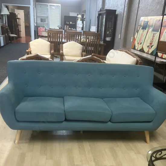 Fabric Button Back 3 Seater Sofa in Lake Blue With Natural Wooden Legs. H81 W187 D81cm