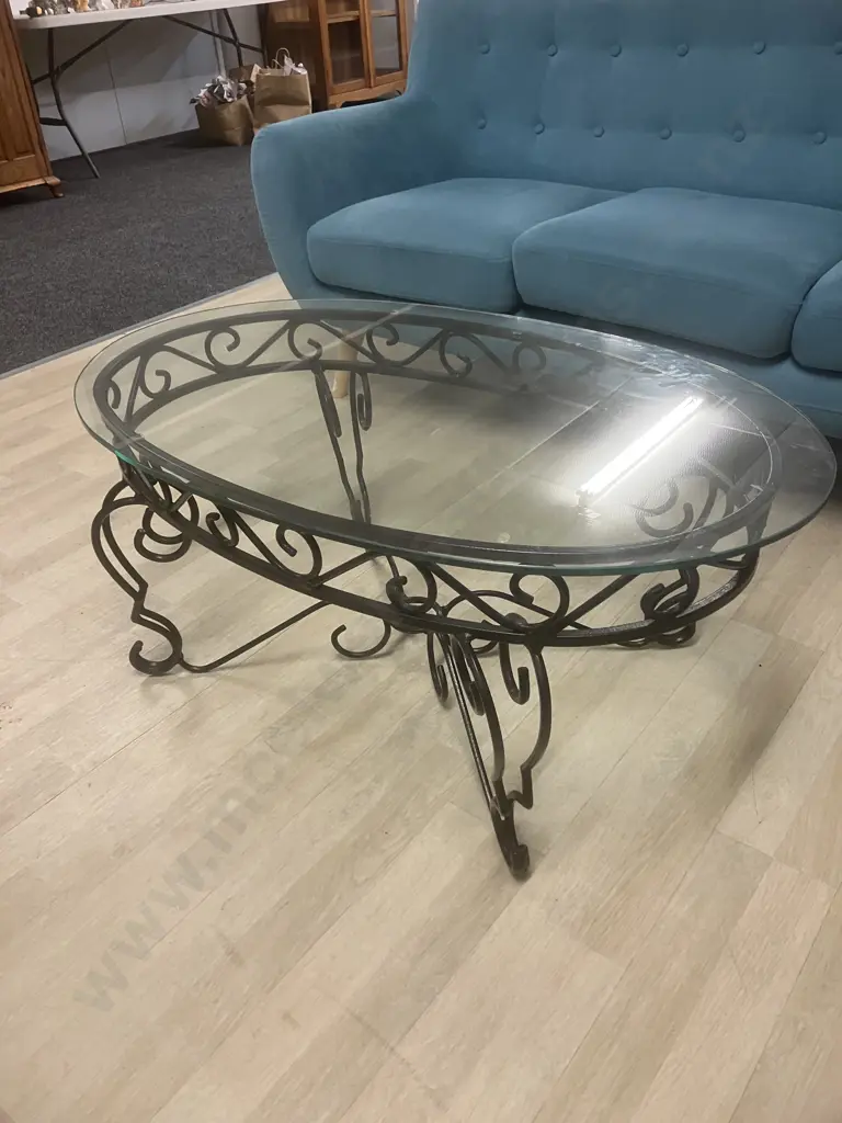Black Wrought Iron Coffee Table With Oval Glass Top. H44 W100 D60.5cm Image 1++
