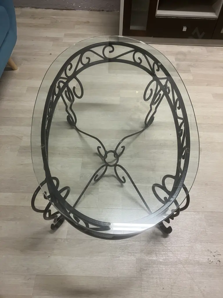 Black Wrought Iron Coffee Table With Oval Glass Top. H44 W100 D60.5cm Image 1++