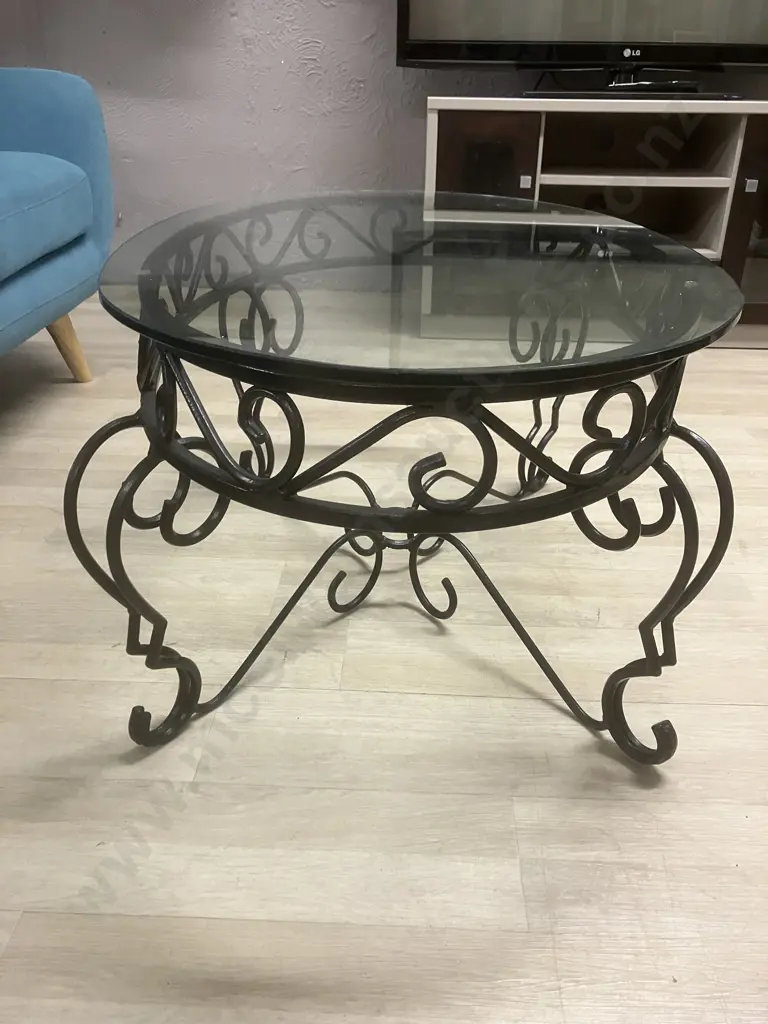 Black Wrought Iron Coffee Table With Oval Glass Top. H44 W100 D60.5cm Image 1++