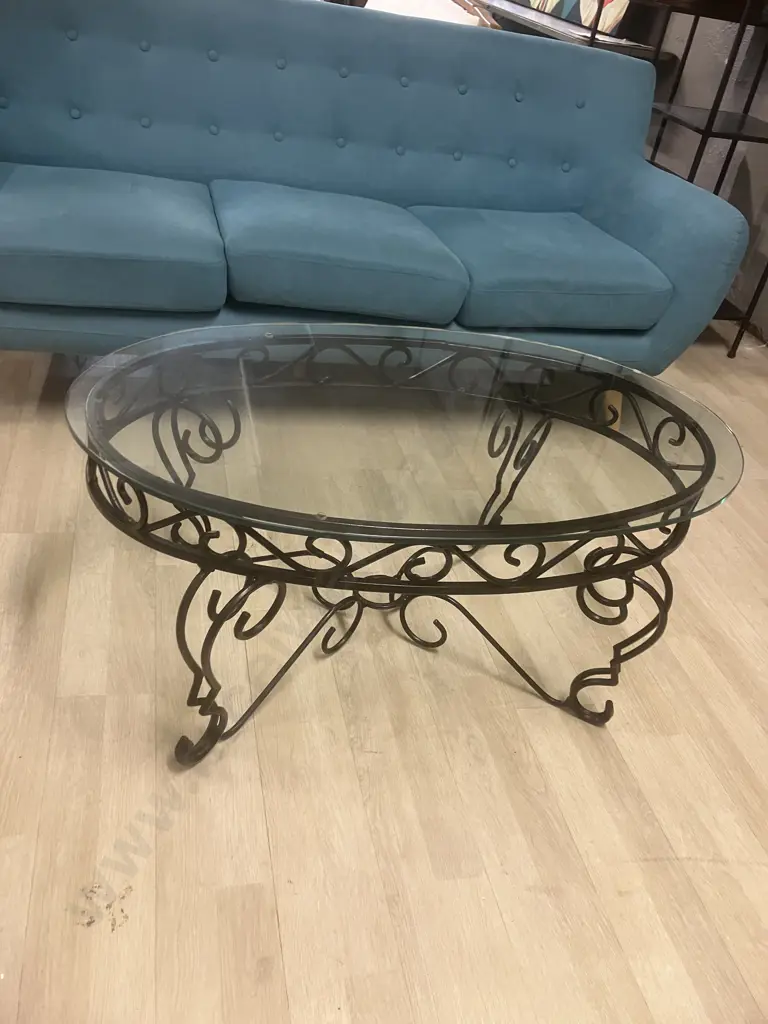 Black Wrought Iron Coffee Table With Oval Glass Top. H44 W100 D60.5cm Image 1++