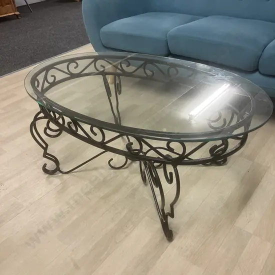 Black Wrought Iron Coffee Table With Oval Glass Top. H44 W100 D60.5cm