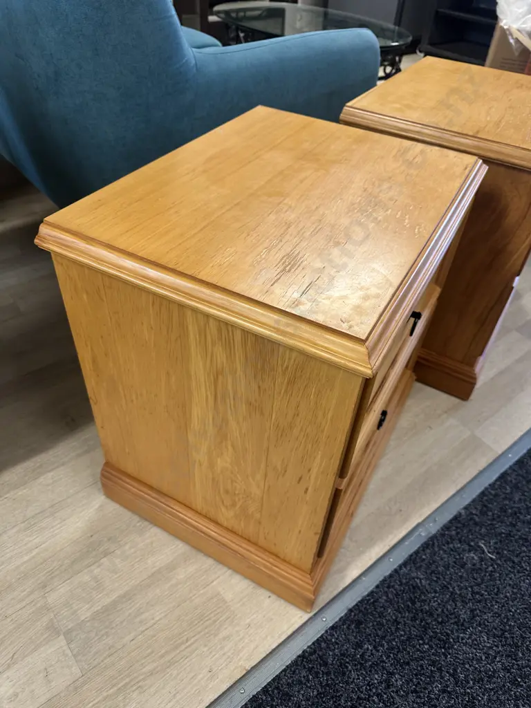 Pair Of Rimu Bedside Cabinets Two Drawer Ring Handles H56,W55,D41cm. Image 1++