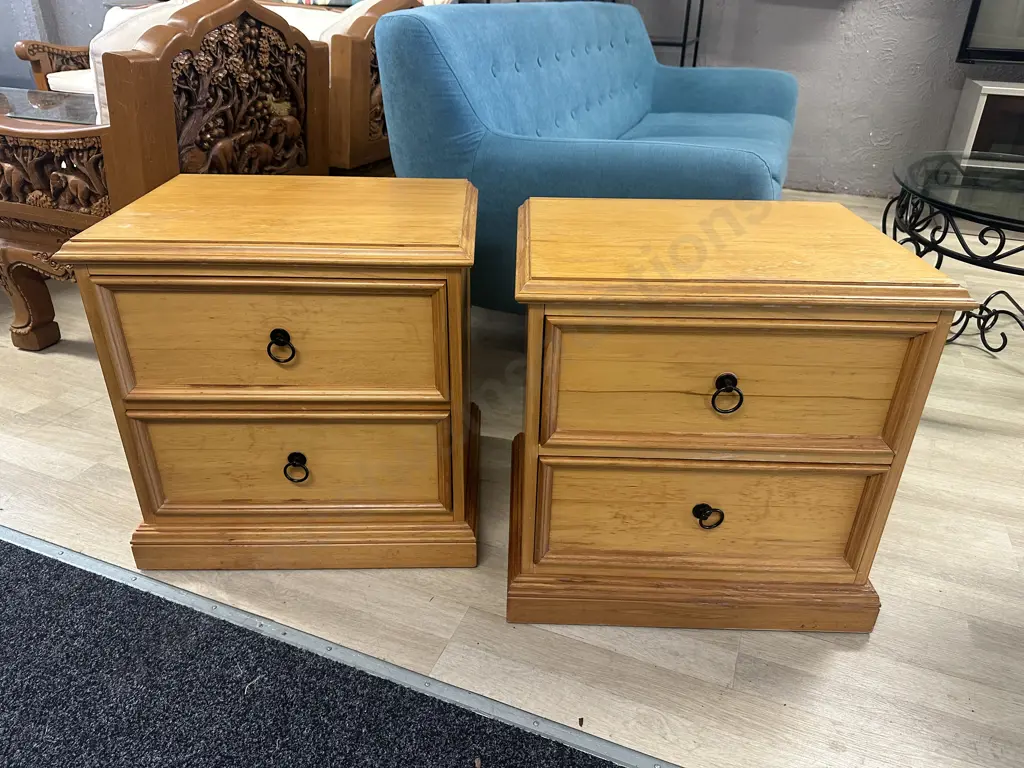 Pair Of Rimu Bedside Cabinets Two Drawer Ring Handles H56,W55,D41cm. Image 1++