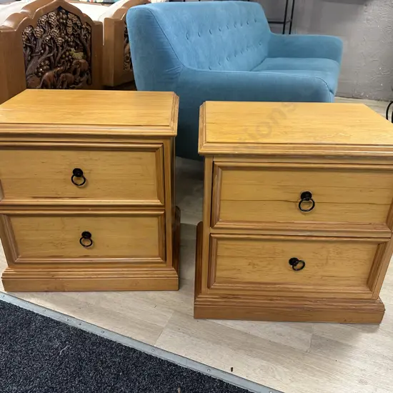 Pair Of Rimu Bedside Cabinets Two Drawer Ring Handles H56,W55,D41cm.