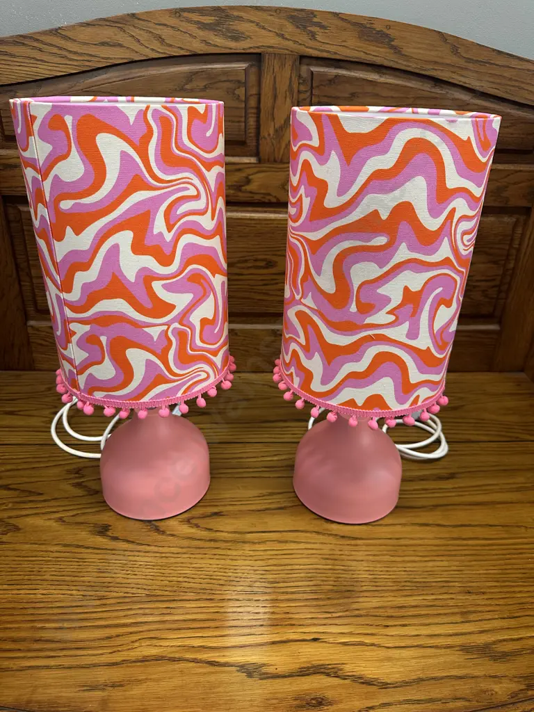 Pair Of Funky Table Lamps Pink/Orange Detail Shades H49cm. Image 1++