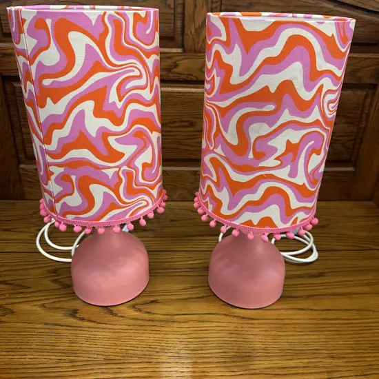 Pair Of Funky Table Lamps Pink/Orange Detail Shades H49cm.