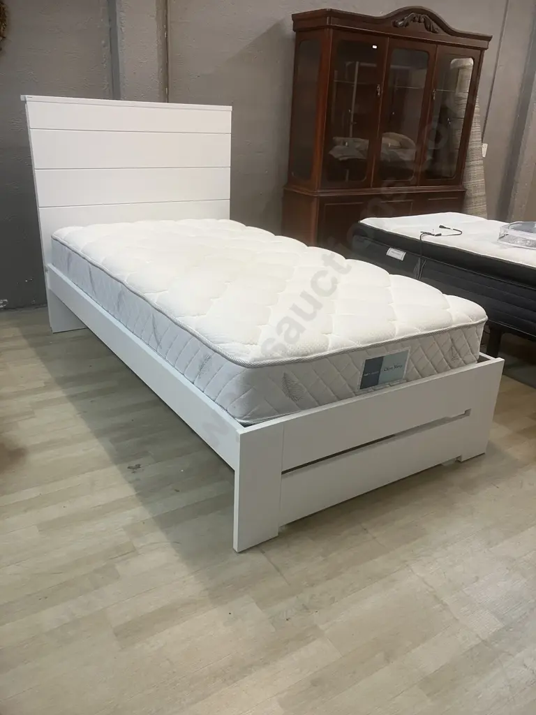 Compaq Furniture (New Zealand) White King Single Bed Frame With rest + restore Chiro Sleep Mattress Image 1++