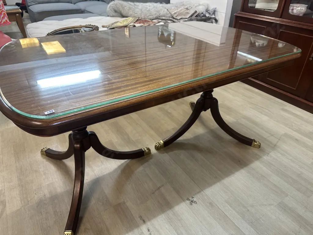 Stunning Oval Mahogany Dining Table, Double Pedestal With Brass Claw Feet, Glass Cover. H77 W150 D94cm Image 1++